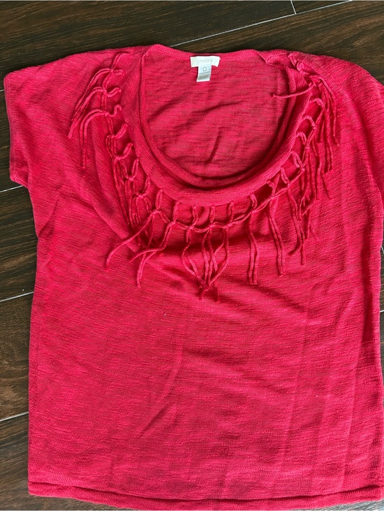 Chico's Tops - Chico's Bright Red Short-Sleeve Knit Top with Fringe Scoop Neck